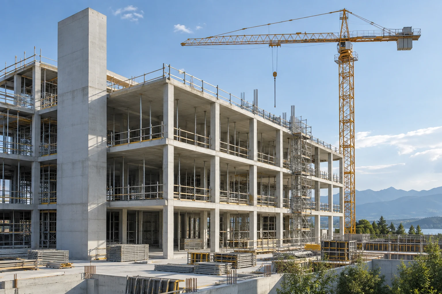 Concrete building structure illustrating coordinated construction work